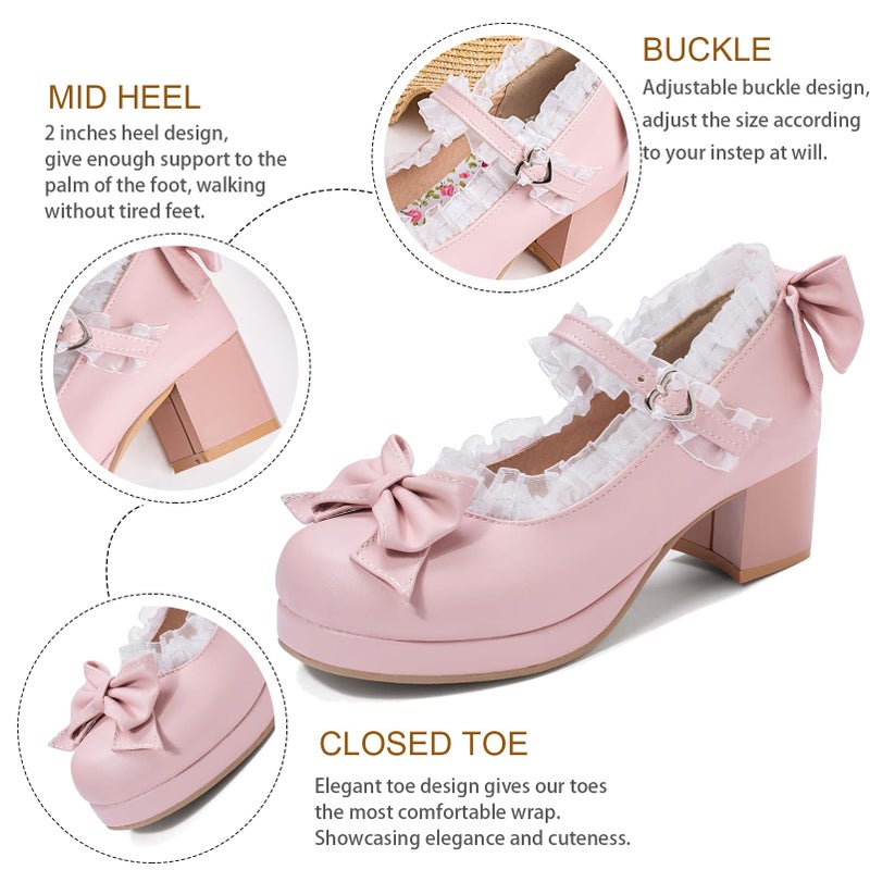 LUXMAX Women Kawaii Mid Block Heel Mary Jane Rockabilly Pumps with Bow Platform Chunky Heel Cute Sweet Shoes, Size 6 M US,Pink - Image 2